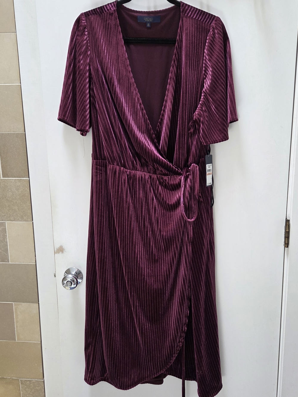 Velvet Faux Wrap Midi Dress - Deep Plum